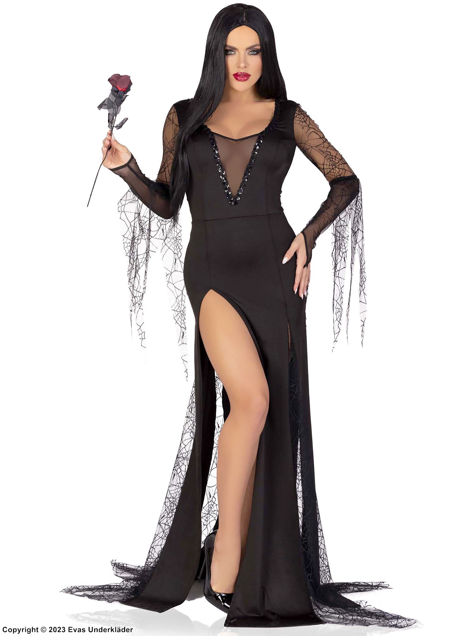 Morticia from The Addams Family, costume dress, high slit, wrinkles, tattered sleeves